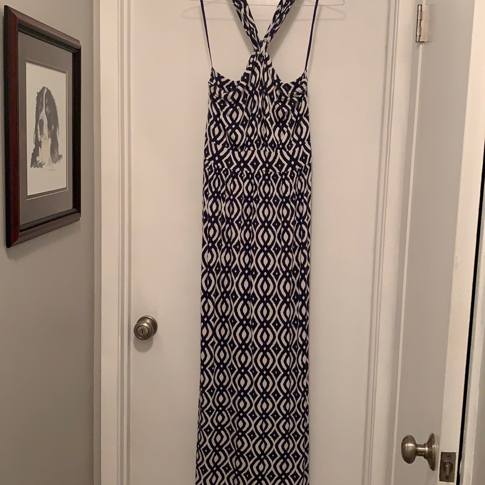 Navy and white chevron maxi dress